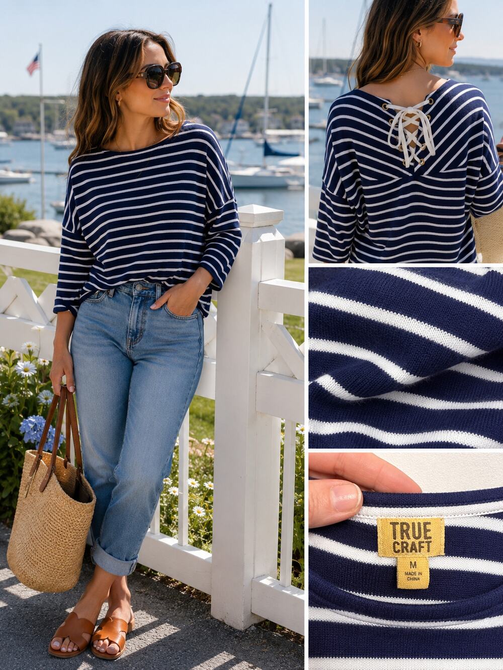 True Craft Navy White Stripe Lace Back Pullover Top Medium